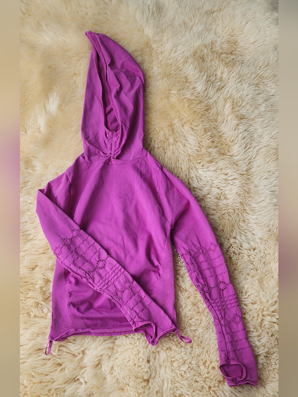 Free People Purple Hooded Sweatshirt with Lace Sleeve Detail
